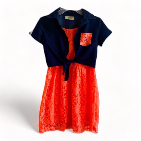 Coral Lace Dress with Denim Jacket Attached (Kids Medium 7/8) NWOT - Picture 2 of 4